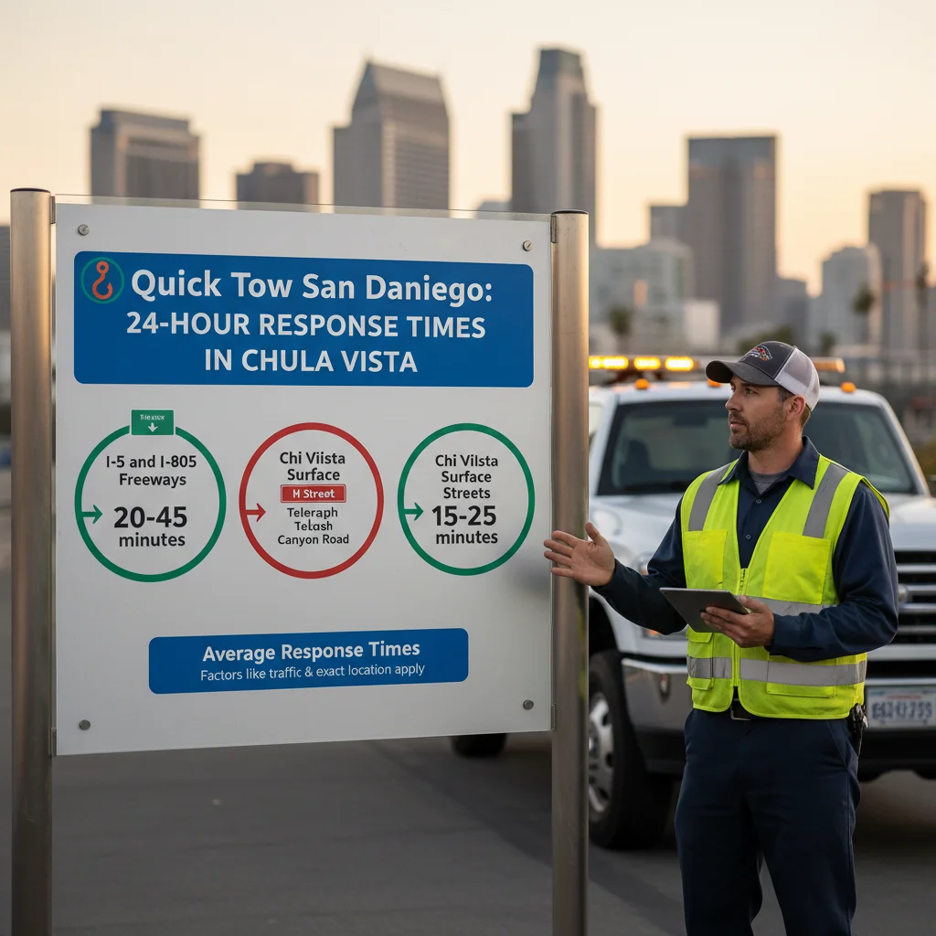 An infographic showing estimated Quick Tow response times for 24-hour towing in Chula Vista on I-805, I-5, and local surface streets.