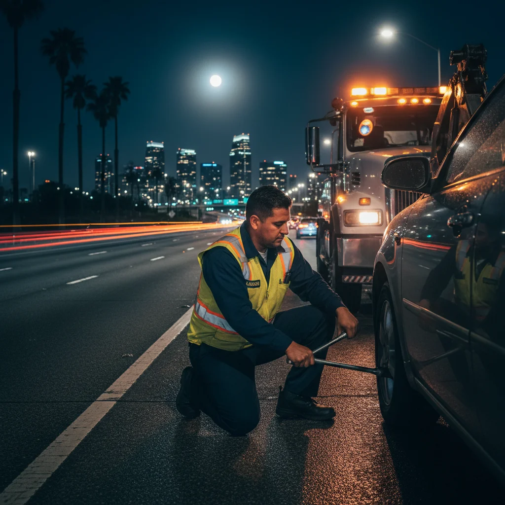 A Quick Tow SD flatbed tow truck assisting a broken-down sedan on a San Diego freeway shoulder at night, with city lights in the distance