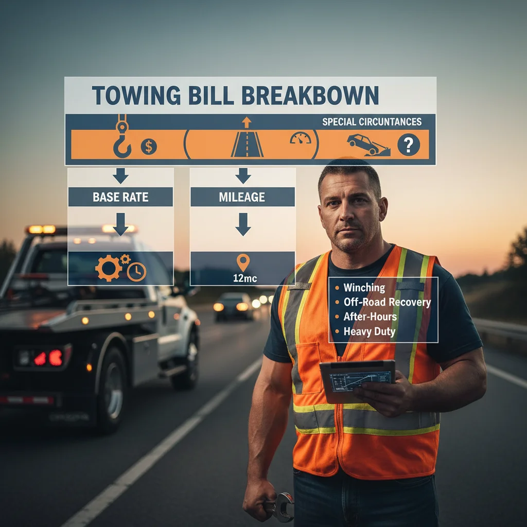 Infographic breaking down a typical towing bill into base rate, mileage, and other fees.