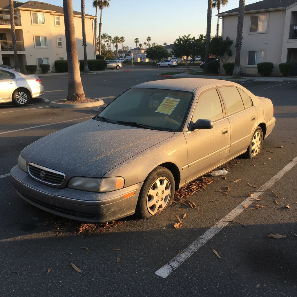 A dust-covered sedan with flat tires sitting in a San Diego apartment parking lot with a notice on the windshield, late afternoon light
