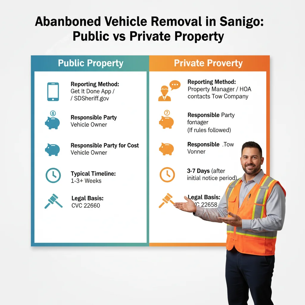 Infographic illustrating the differences in reporting methods, responsible parties, and typical timelines for abandoned vehicle removal on public versus private property in San Diego.