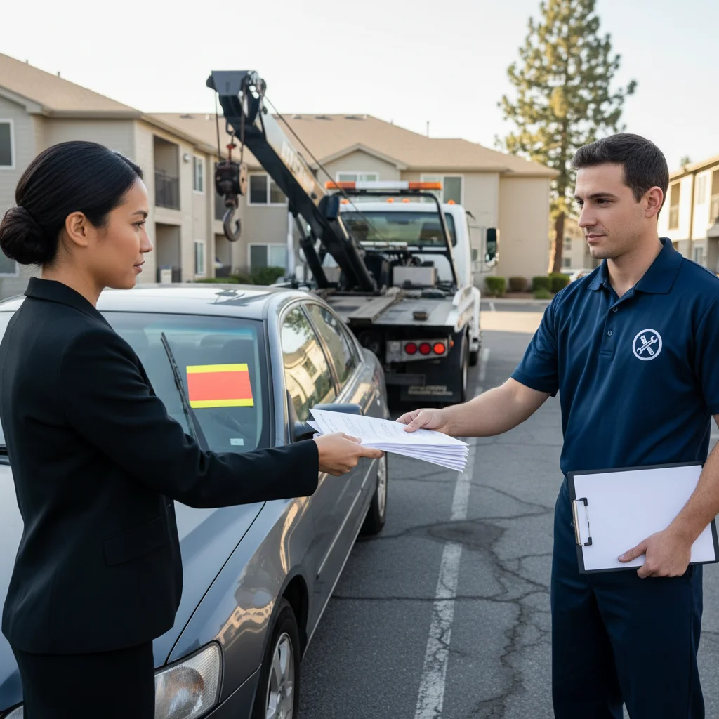 Property manager handing paperwork to a tow operator next to a vehicle with a notice on the windshield
