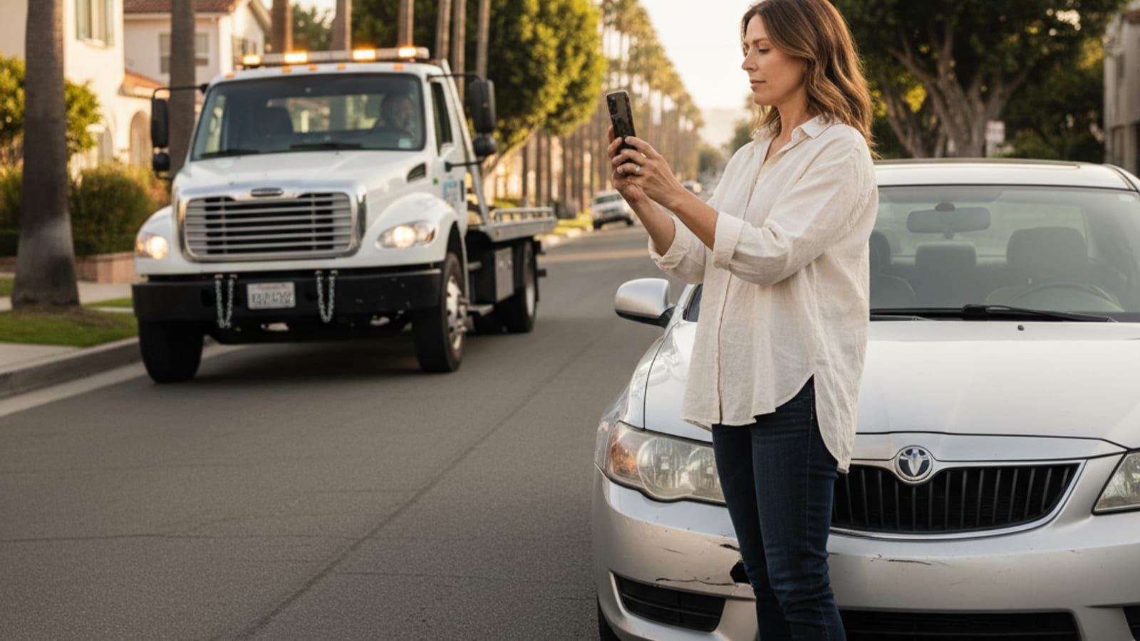 Driver taking a photo of vehicle damage with her smartphone after a minor accident on a San Diego residential street
