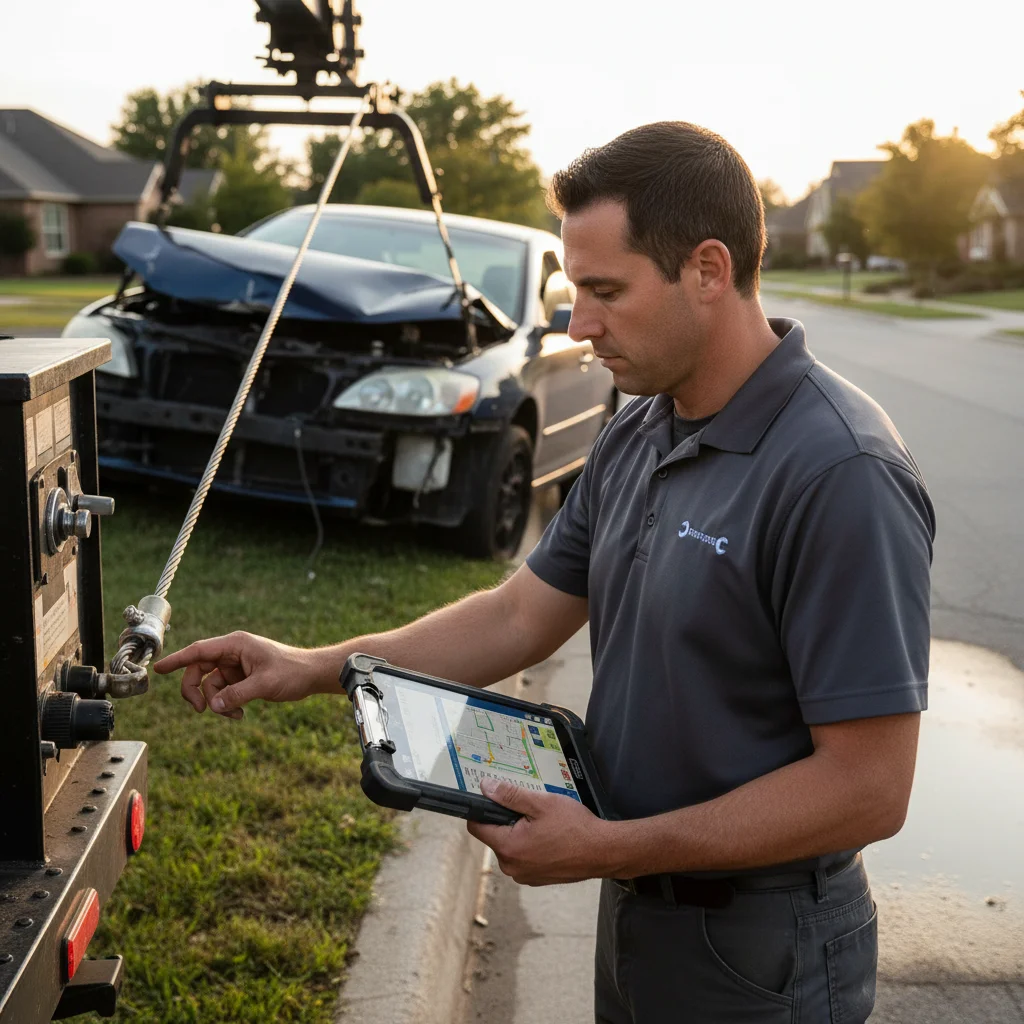 Tow operator carefully winching a damaged vehicle from a curb with a clipboard a