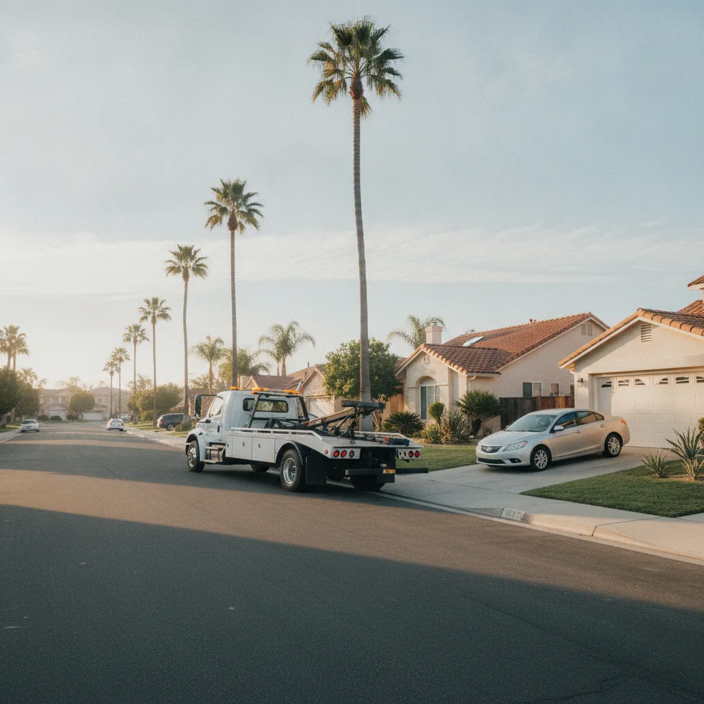 A wheel-lift tow truck parked on a quiet San Diego residential street beside a car in an open driveway at dawn