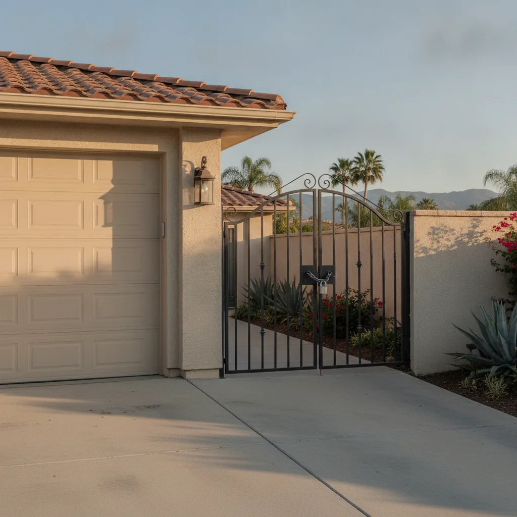 A closed residential garage door beside a locked wrought-iron gate across a driveway in a San Diego suburb