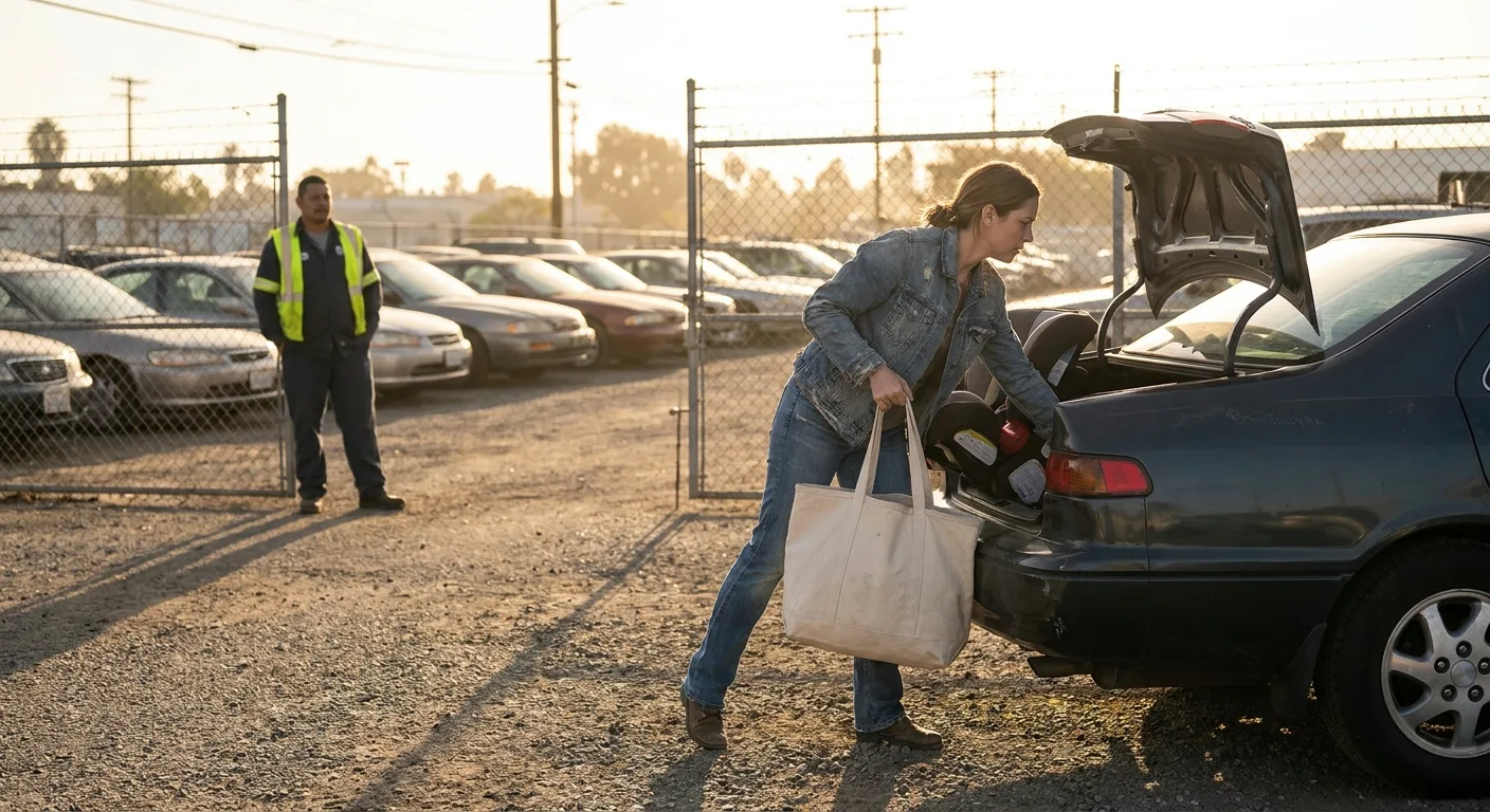 Rows of impounded vehicles in a San Diego storage yard