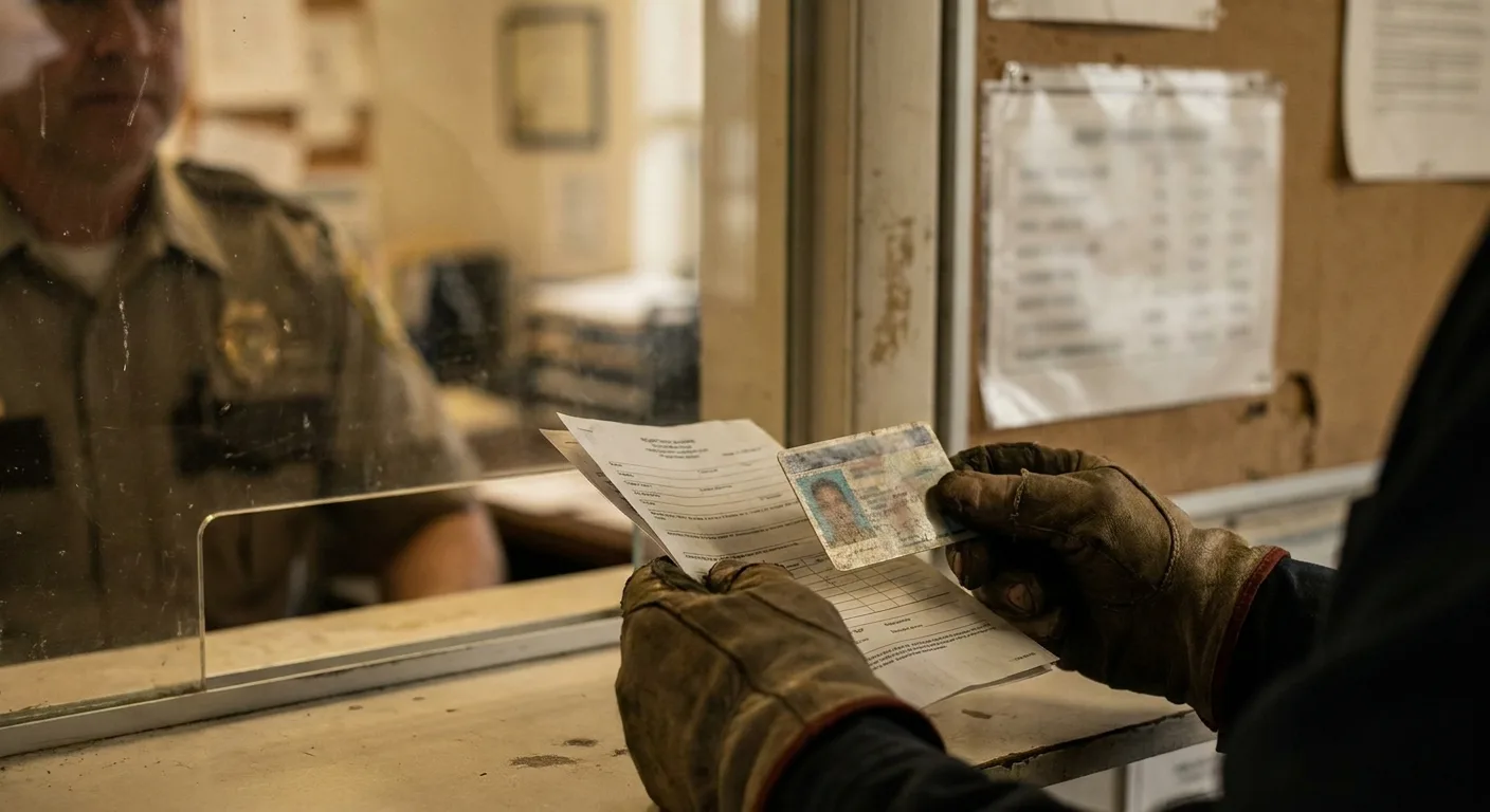 Close-up of hands holding a driver's license and registration at an impound yard counter