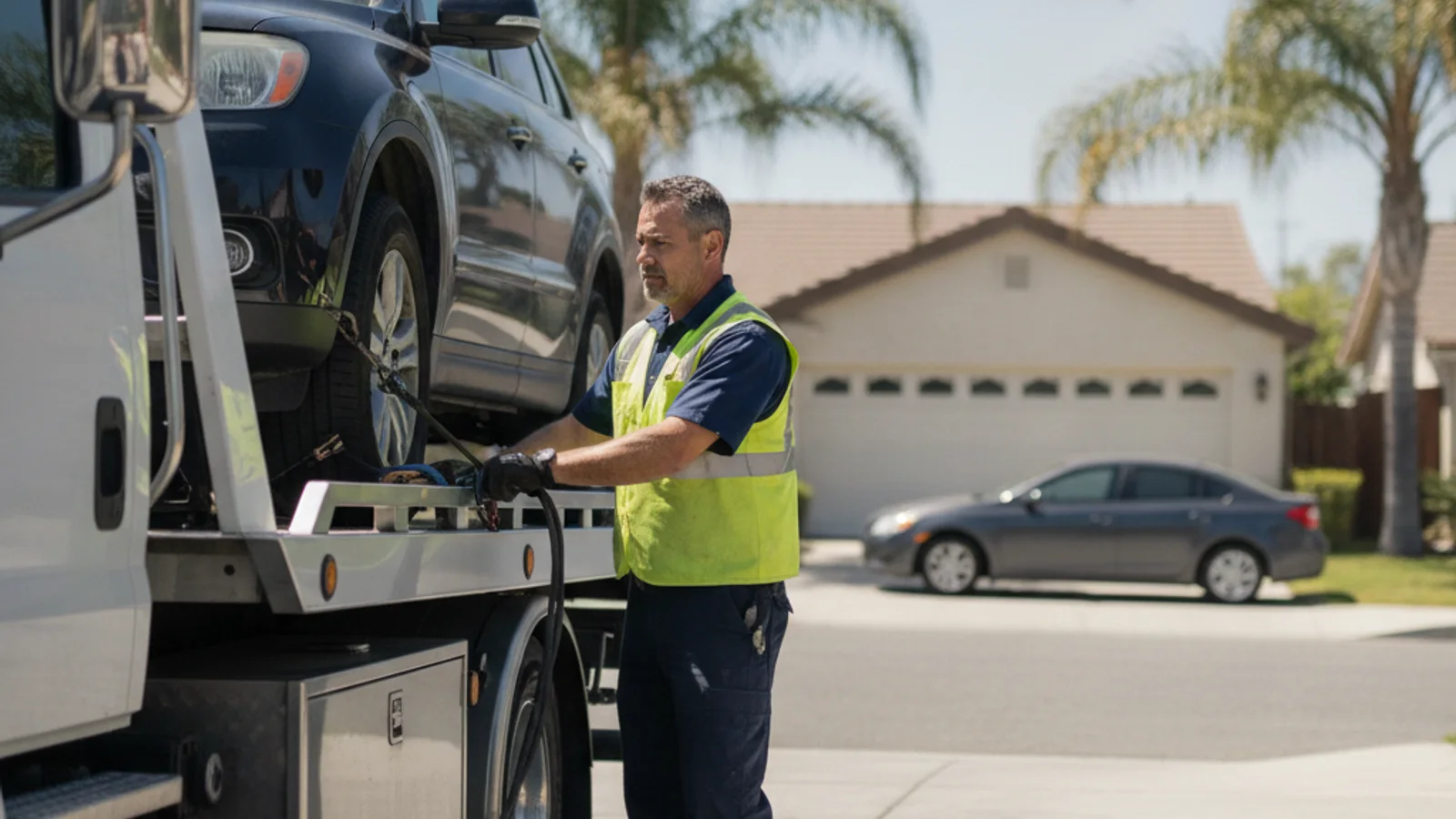 A flatbed tow truck winching a sedan up its deck in a San Diego driveway at dusk, no keys in sight