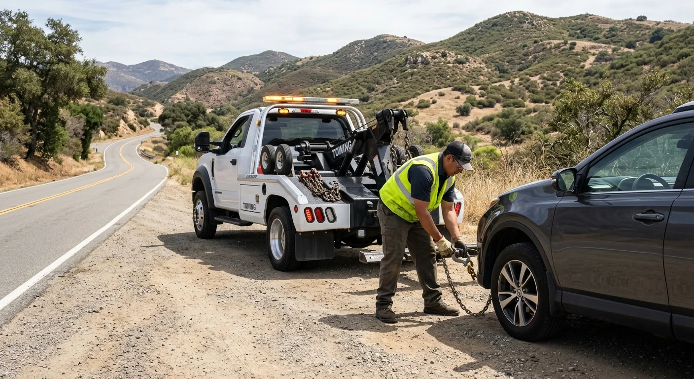 Unbranded tow truck loading a disabled passenger car beside inland hills near Ramona