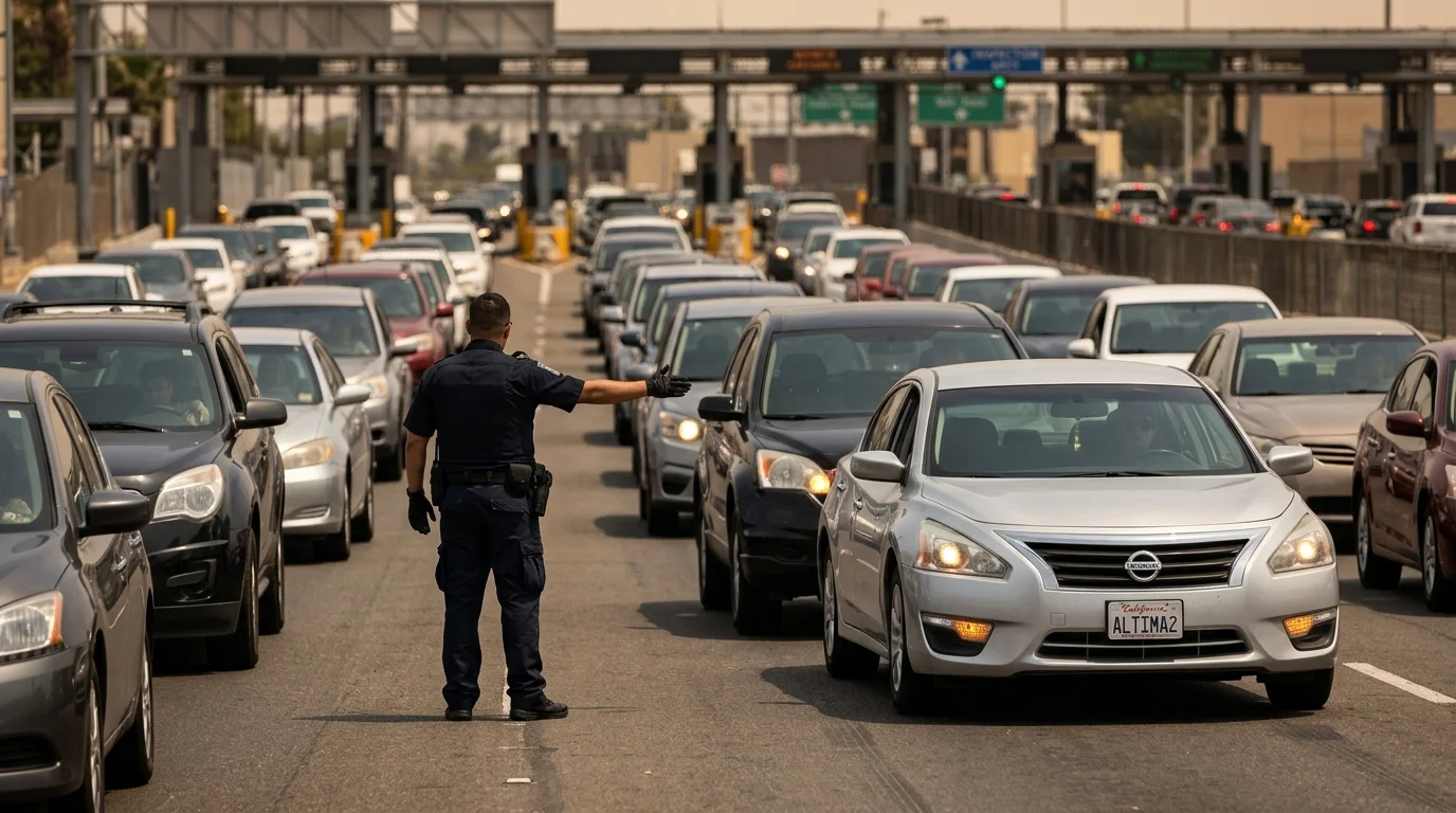 Rows of cars idling in the San Ysidro border crossing lanes with a stalled sedan and hazard lights flashing