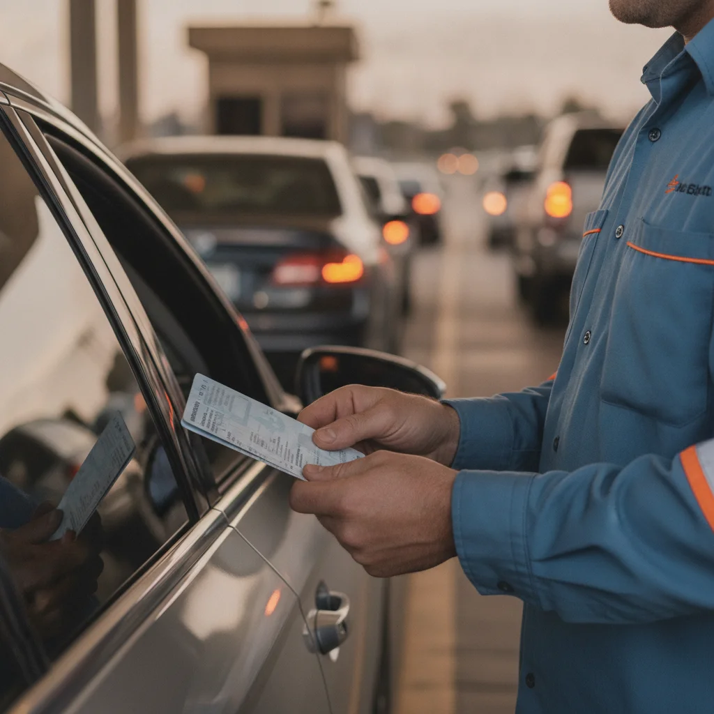 Driver with hazard lights on holding a passport card and vehicle registration near the San Ysidro Port of Entry