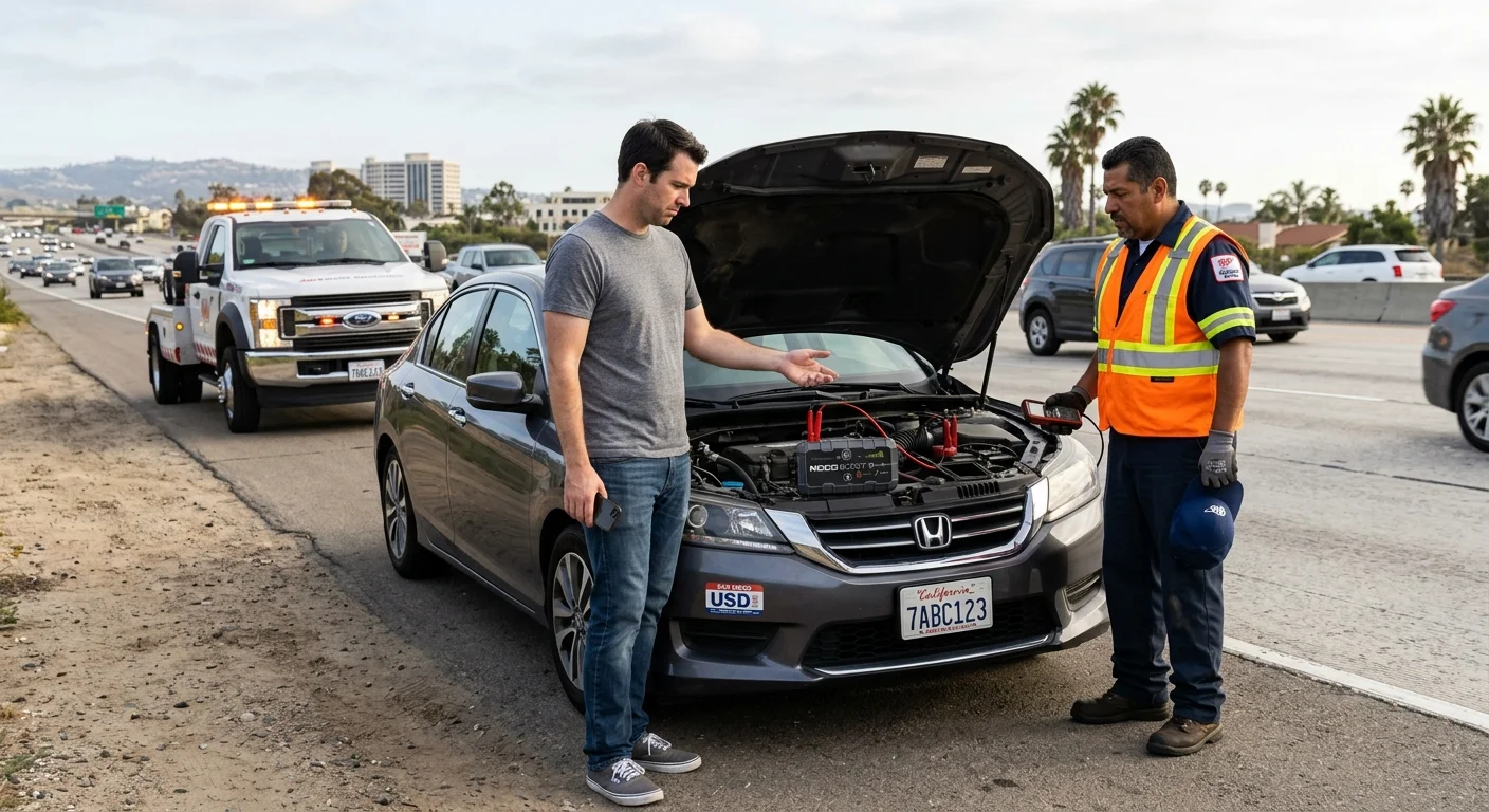 A San Diego driver with a failed portable jump starter beside a disabled car