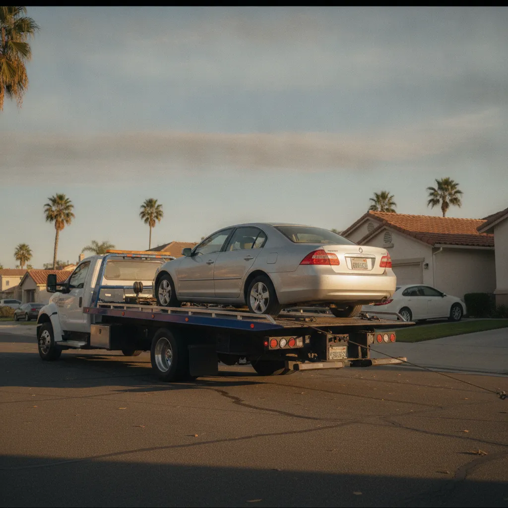 A sedan being loaded onto a flatbed tow truck on a quiet San Diego residential street in morning light