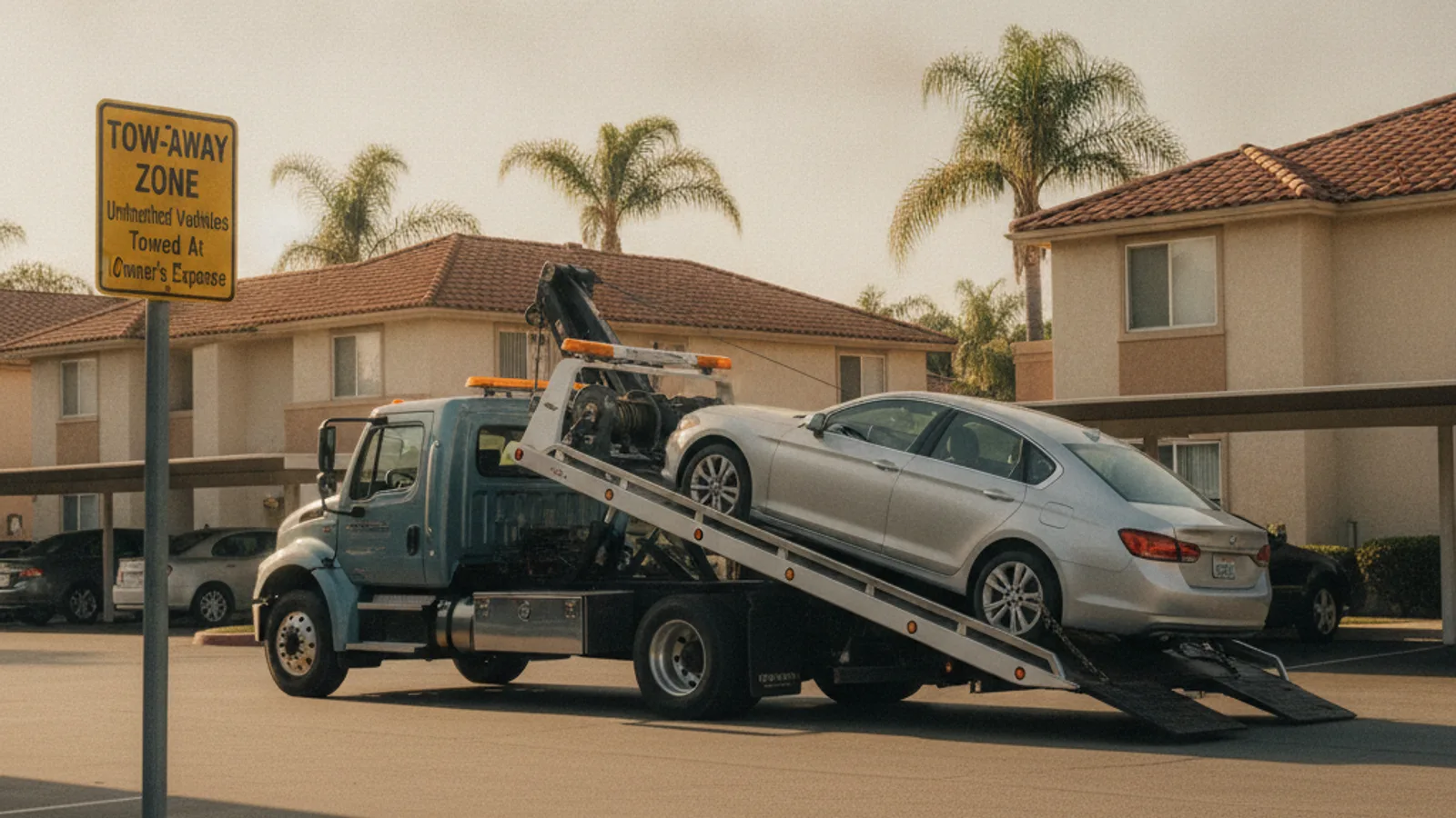 A flatbed tow truck removing a car from a San Diego apartment complex parking lot with a tow-away sign posted at the entrance
