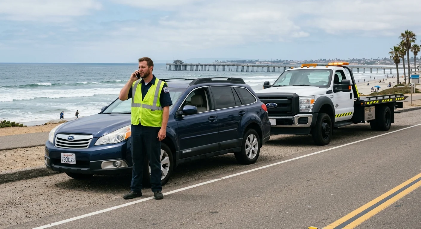 Driver calling for help beside a car that won't start in Imperial Beach