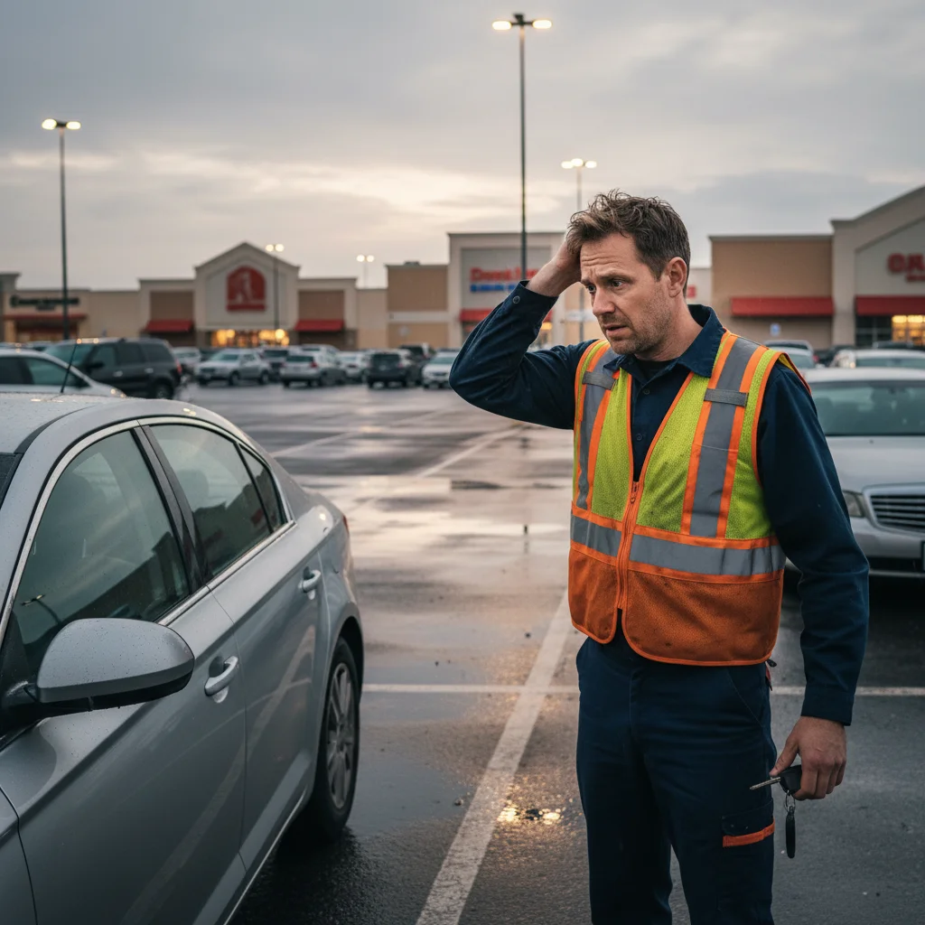 A person looking stressed, holding car keys and staring at their car in a San Diego shopping center parking lot.