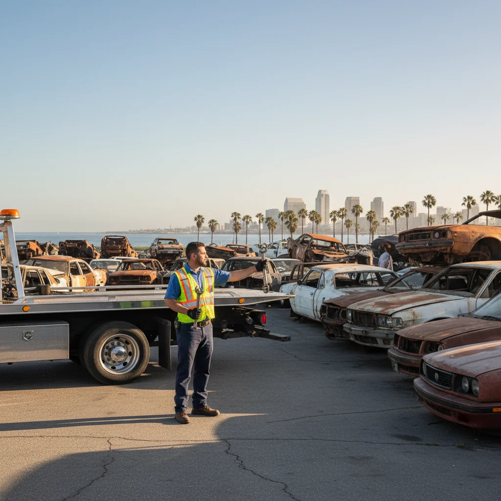 A rusted, broken-down car being loaded onto a Quick Tow SD flatbed tow truck in a residential San Diego street