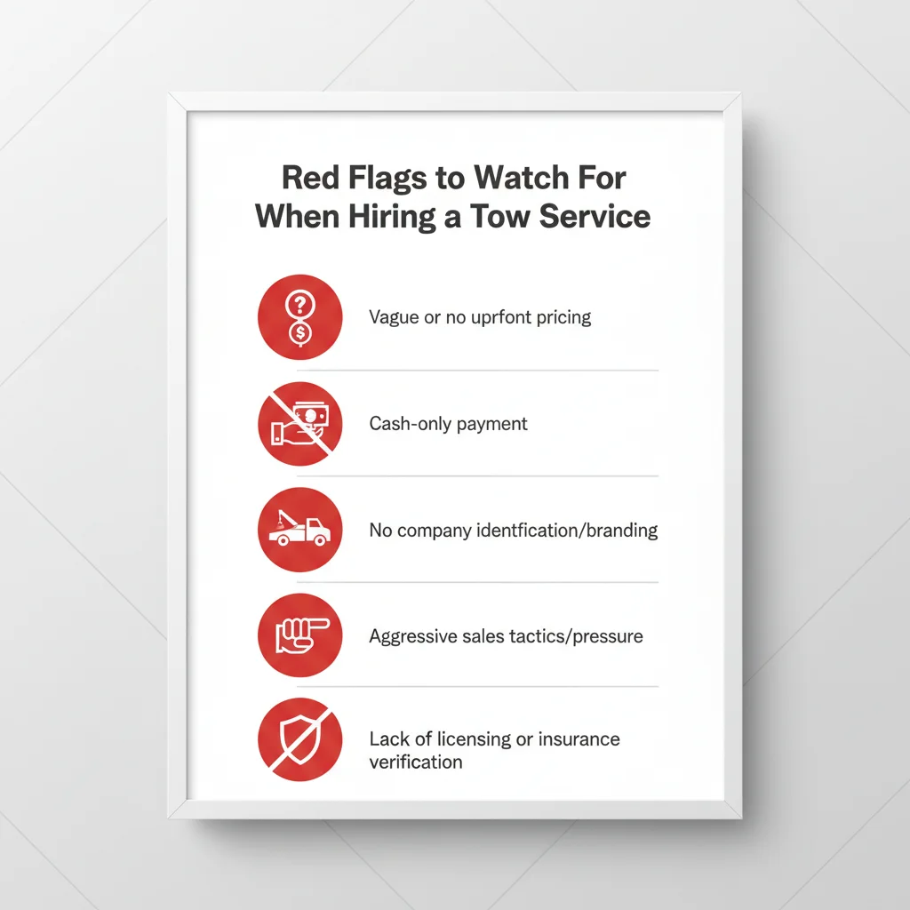 An infographic checklist showing red flags to watch for when hiring a cheap tow service.