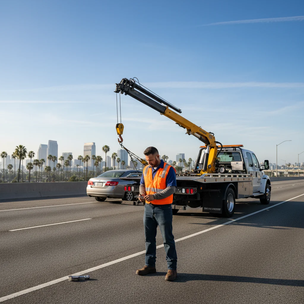 A Quick Tow SD flatbed truck carefully loading a disabled sedan on a busy San Diego freeway shoulder, with downtown buildings in the distant background under a clear sky.