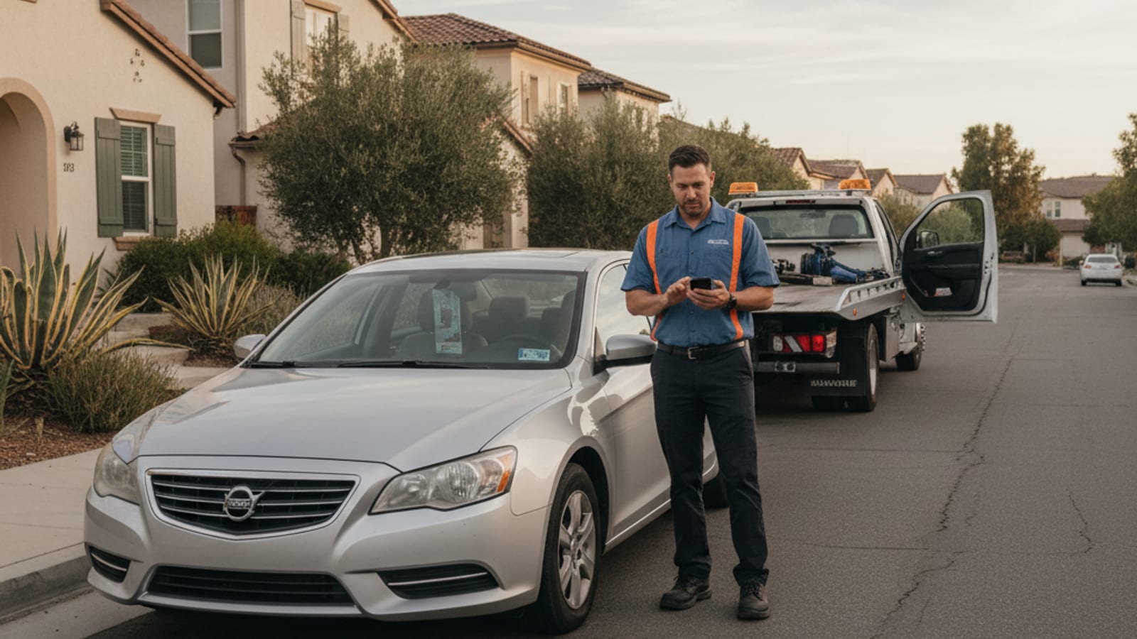 Driver comparing tow truck options on a smartphone while standing beside a disabled car