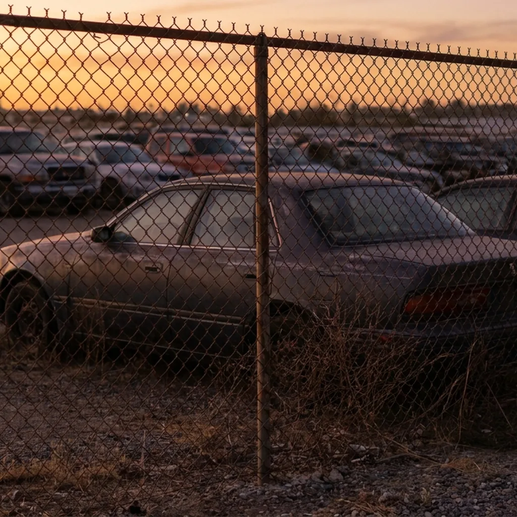 A San Diego tow yard gate where a vehicle held by a private towing operator is stored