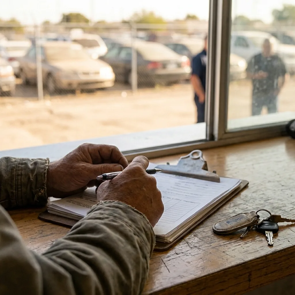 Close-up of an impound lot cashier window with a posted fee schedule and a driver holding paperwork