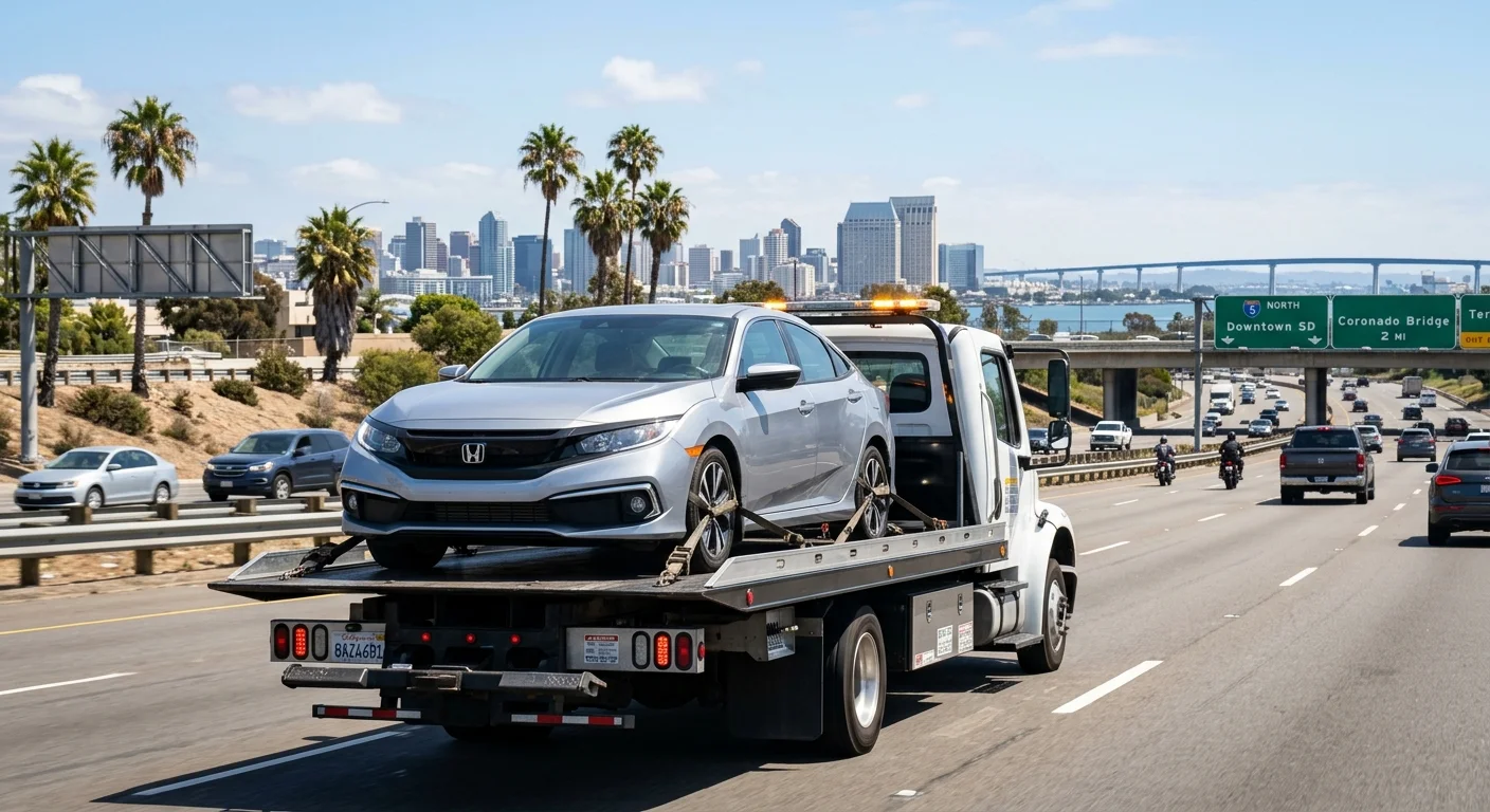 A flatbed tow truck driving on a San Diego freeway, with a standard sedan securely strapped down, under a bright sun.