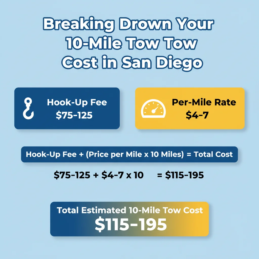 Infographic illustrating the calculation for a 10-mile tow in San Diego: hook-up fee plus 10 miles multiplied by the per-mile rate equals total cost, with estimated San Diego prices.