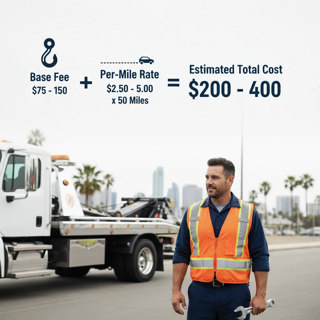 Infographic showing a typical 50-mile car towing cost formula: base fee plus per-mile rate times 50 miles, resulting in a total estimated cost.