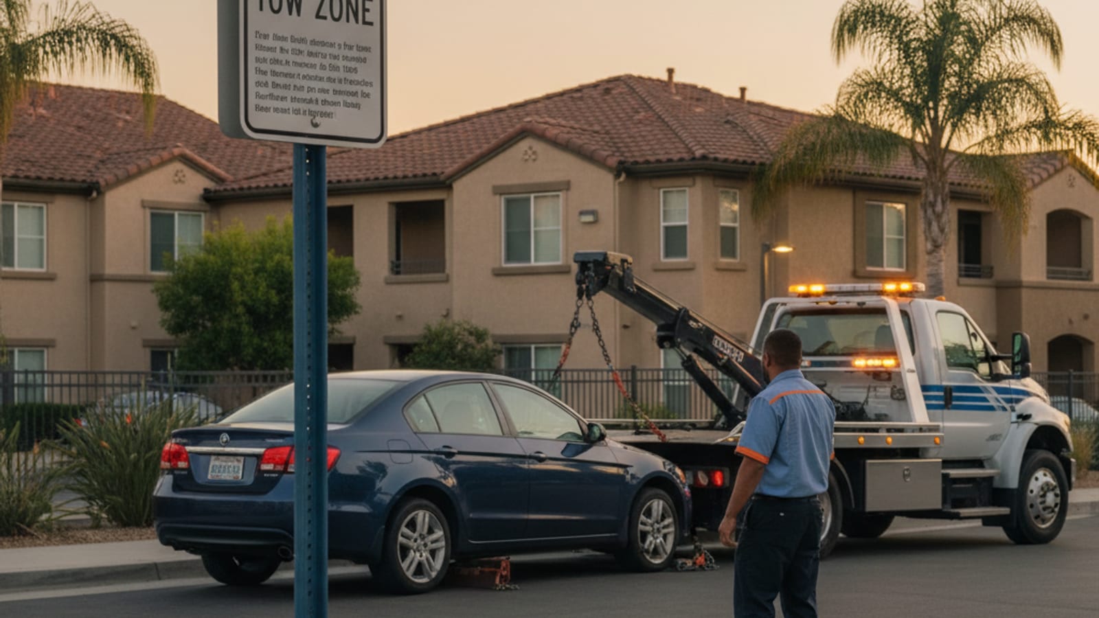 Private property tow zone sign posted at the entrance of an apartment complex parking lot in San Diego at dusk