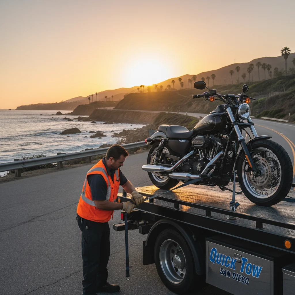 A Quick Tow San Diego driver carefully securing a Harley-Davidson motorcycle onto a flatbed truck at sunset on the side of a scenic San Diego coastal highway.