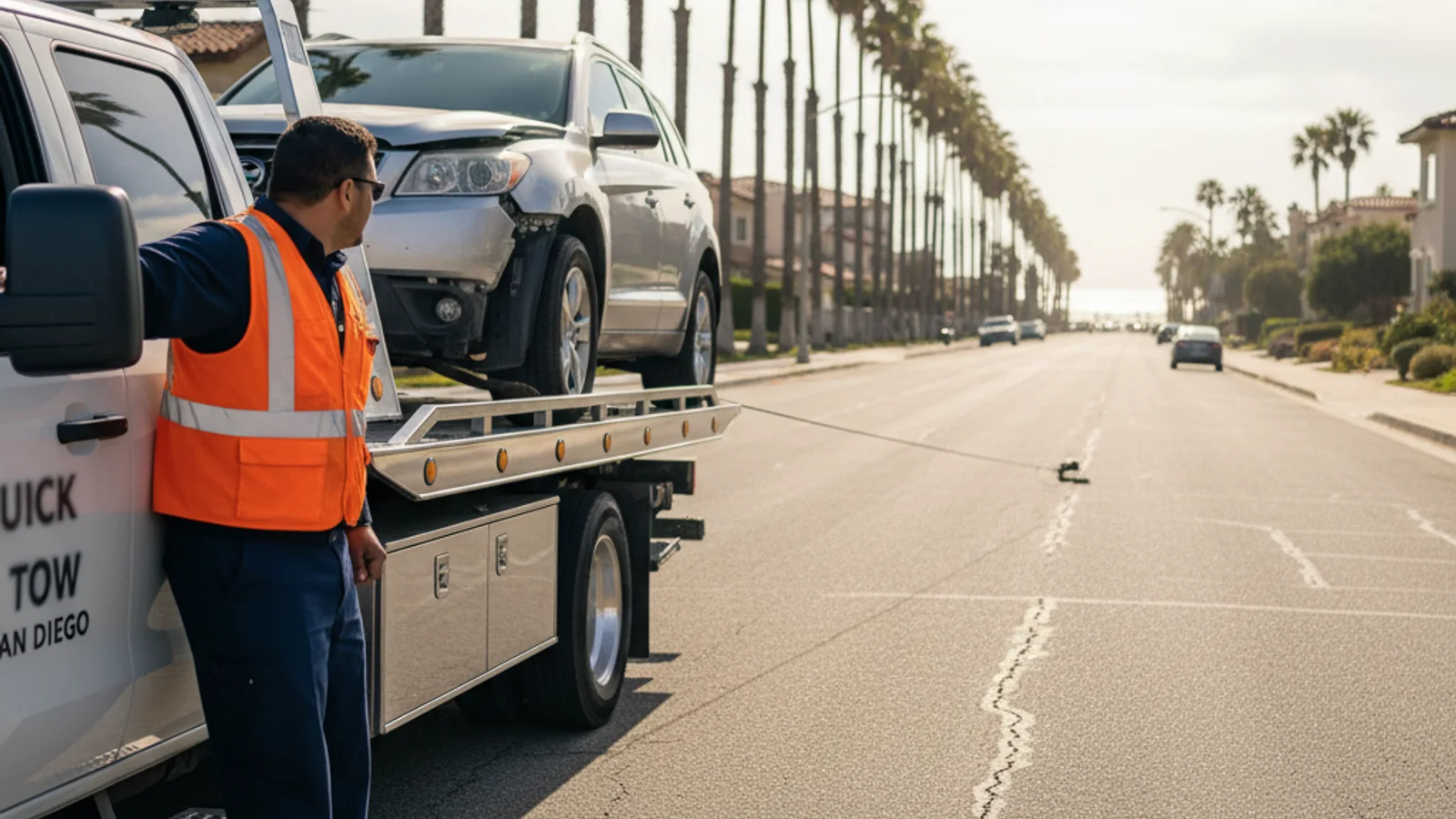 A flatbed tow truck loading a Tesla Cybertruck for transport, professional tow operation in San Diego.
