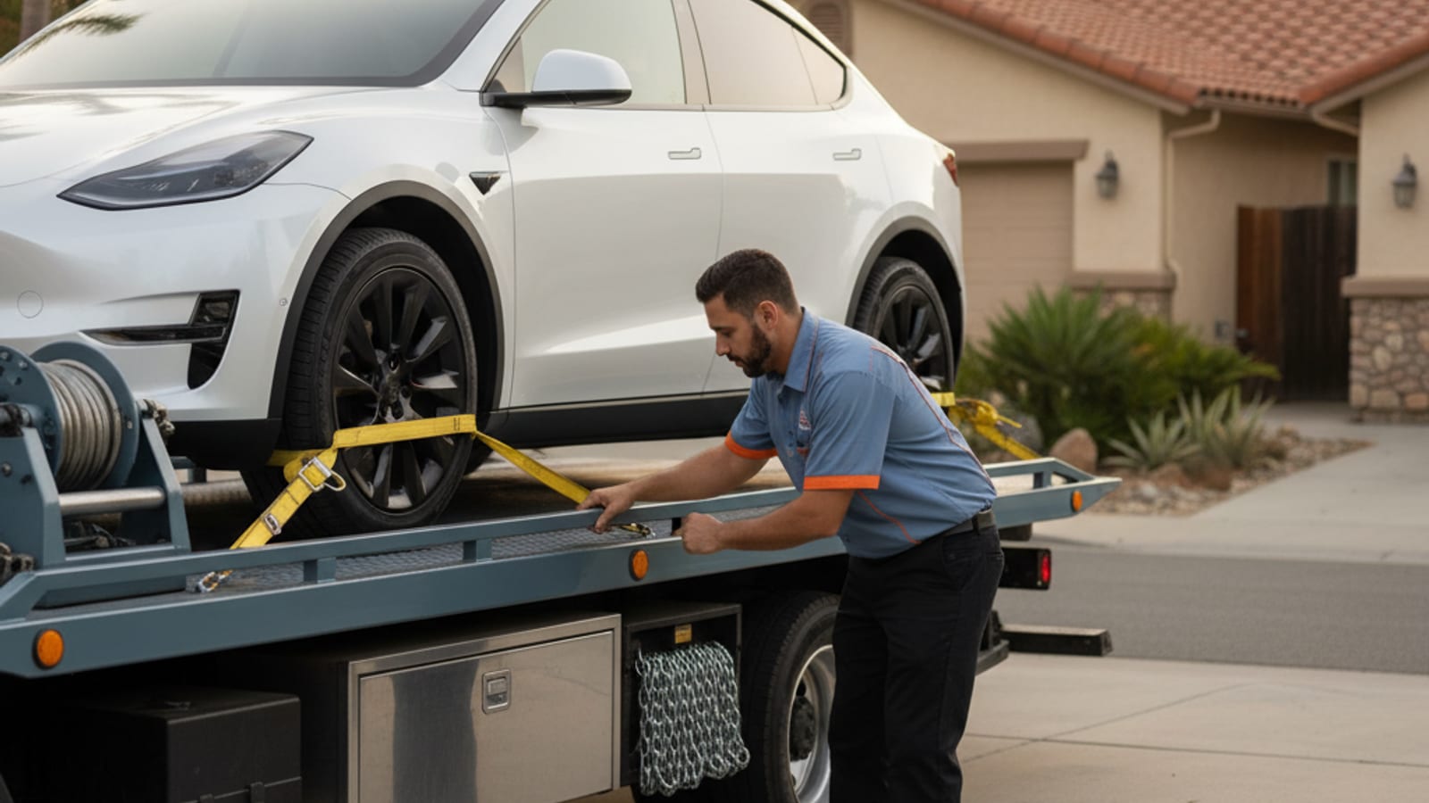 Modern electric vehicle loaded on a low-clearance flatbed tow truck with soft-strap wheel nets securing all four wheels