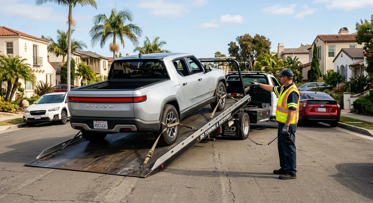 A Rivian R1T electric truck being carefully loaded onto a modern flatbed tow truck