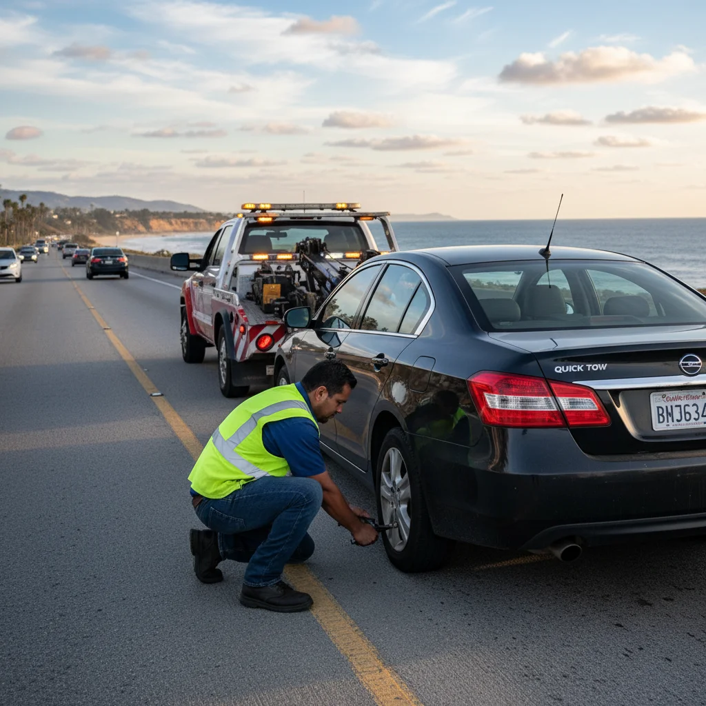 A roadside assistance truck pulled up behind a car with a flat tire on the shoulder of I-5 in San Diego, ocean visible in the background.