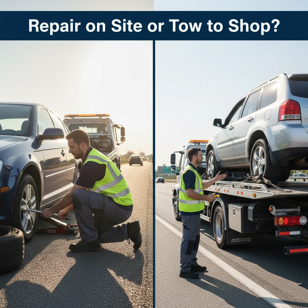 A simple side-by-side graphic: left side shows a technician changing a tire, right side shows a car being loaded onto a flatbed. Title: 'Repair on Site or Tow to Shop?'