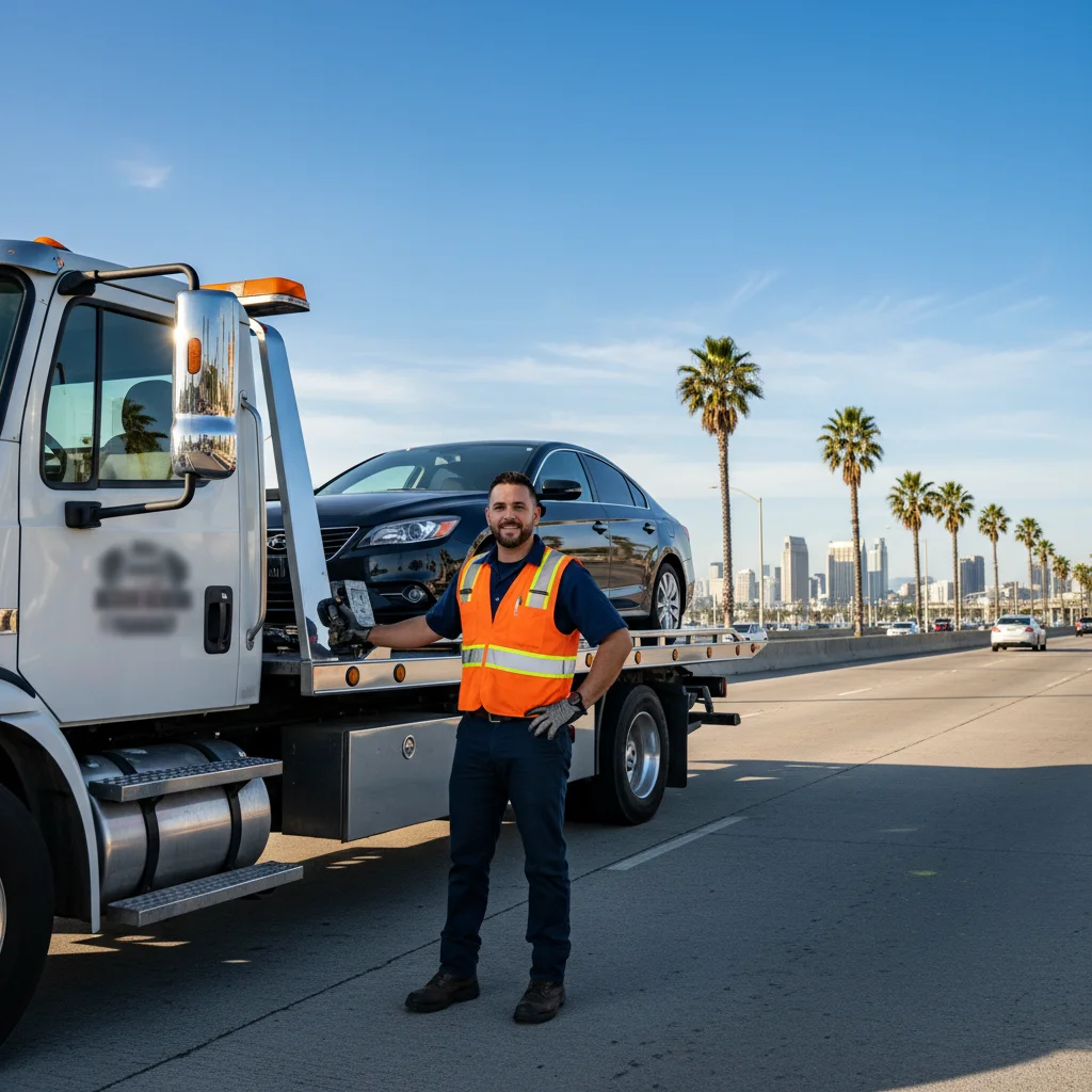 A Quick Tow SD flatbed tow truck loading a disabled SUV on a San Diego street with palm trees in the background