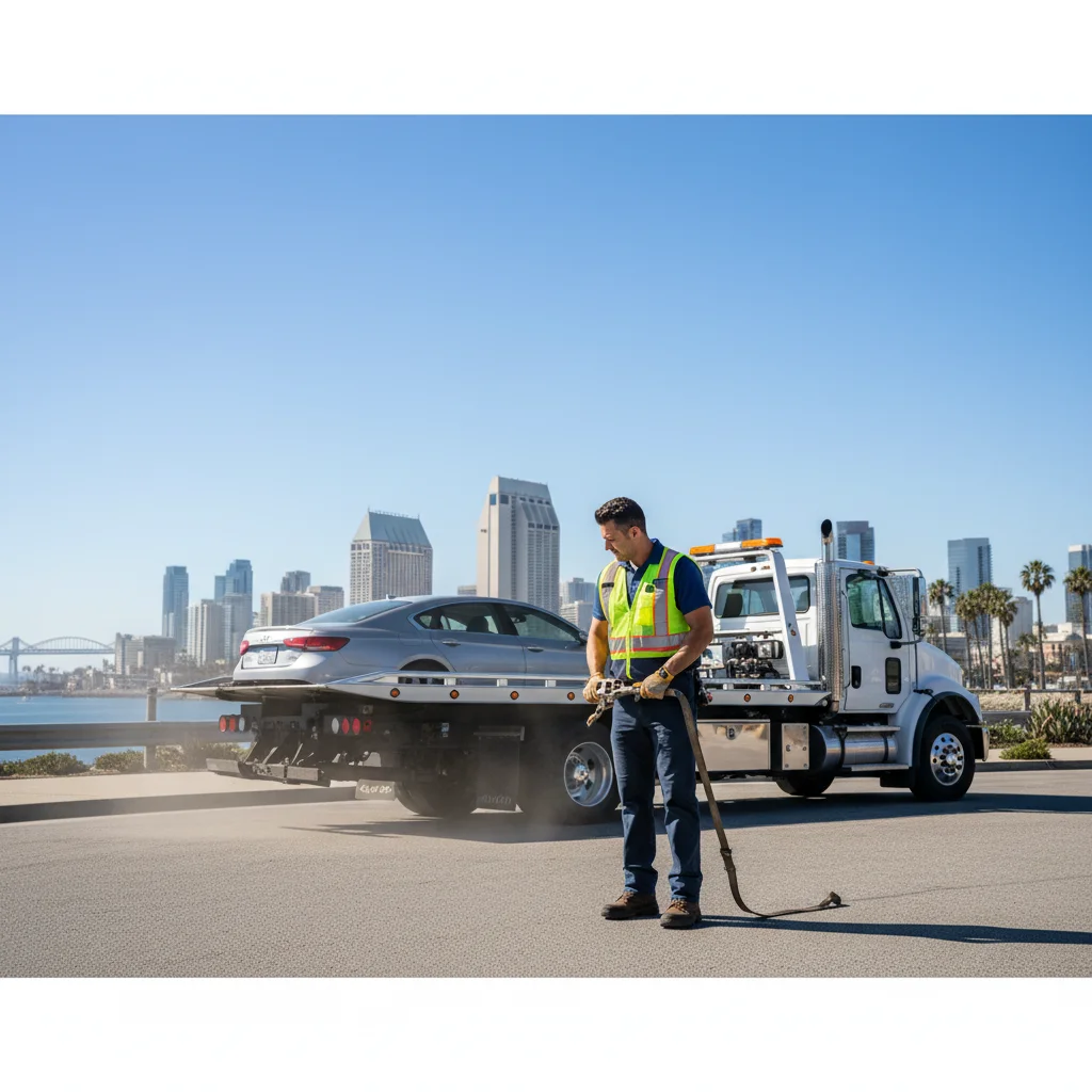 Flatbed tow truck in San Diego with a clipboard showing an itemized invoice.