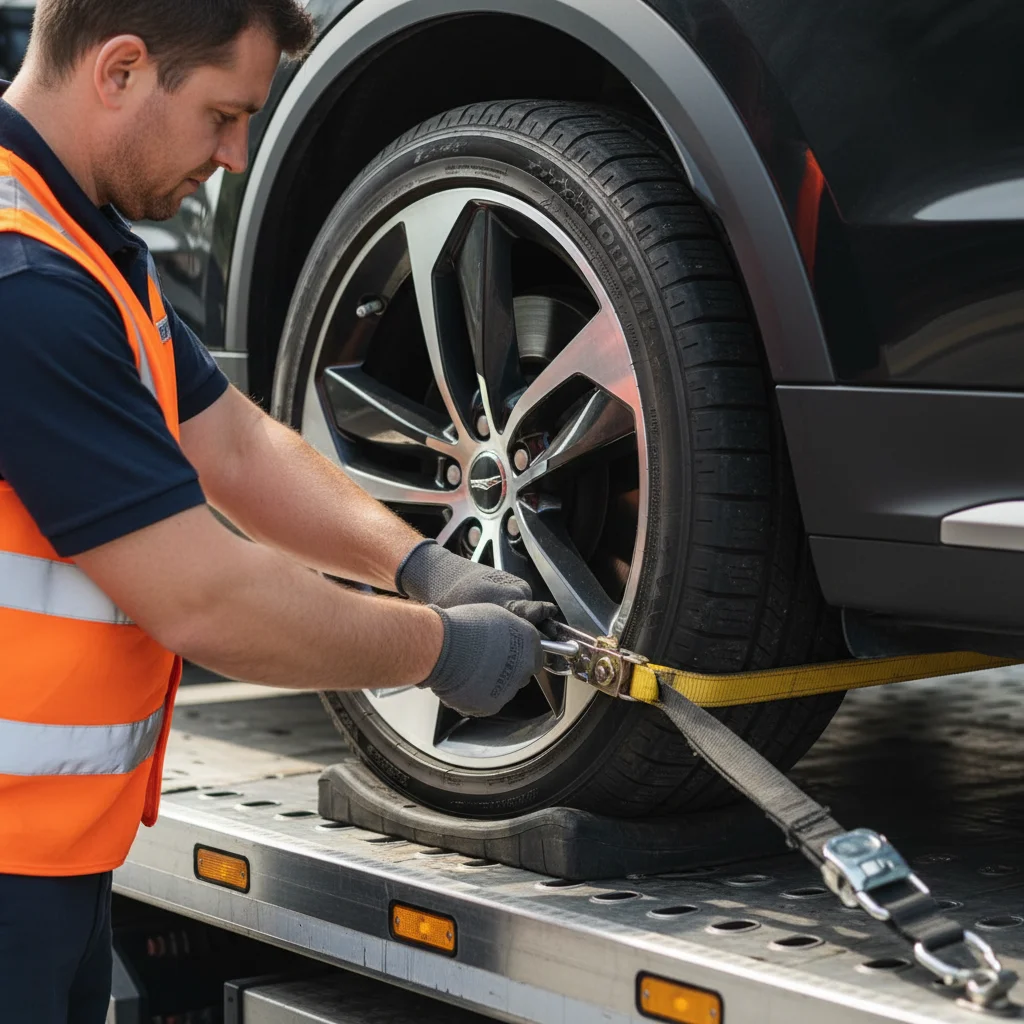 Close-up of a tie-down strap securing the wheel of a luxury car to a flatbed truck.