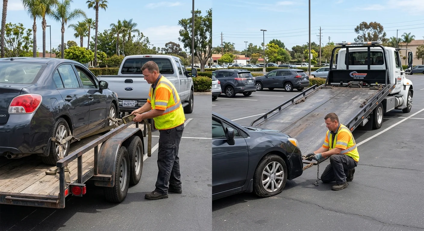 A car trailer and professional flatbed tow truck beside a disabled sedan