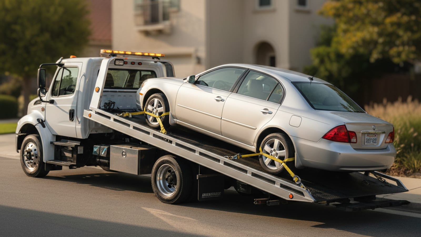 Split scene comparison of a flatbed rollback loaded with a Tesla on the left and a wheel-lift truck hooked to a standard sedan on the right