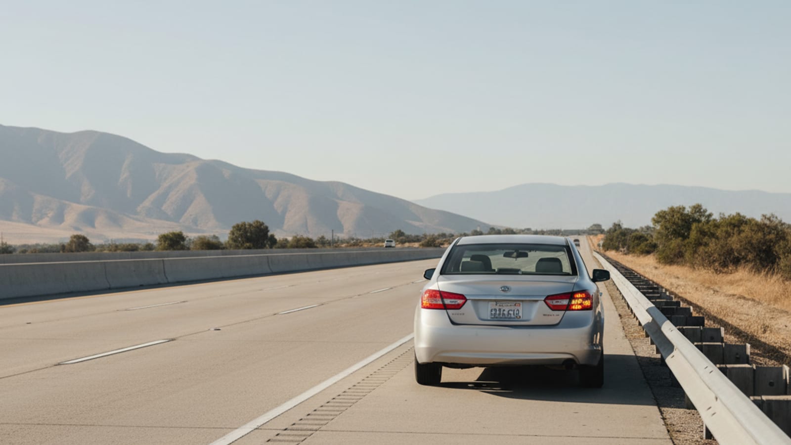 Driver sitting safely inside a disabled vehicle on a San Diego freeway shoulder with hazard lights flashing