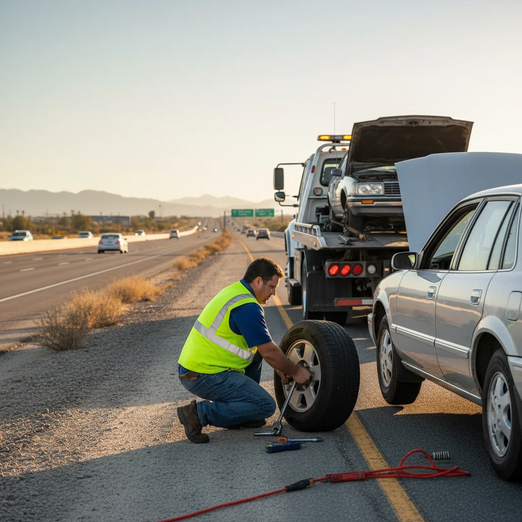 A car stopped on a San Diego freeway shoulder on a hot day with the hood raised