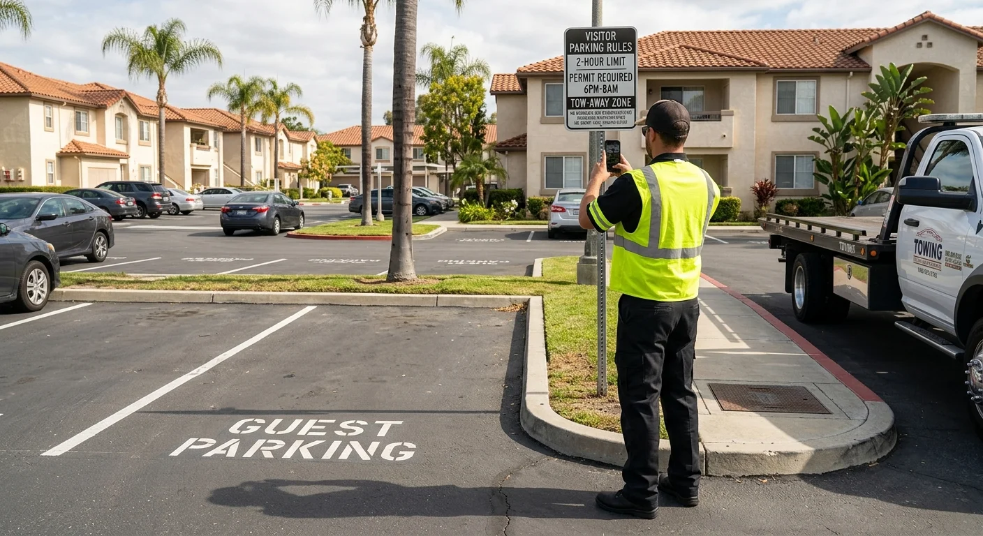 Empty guest parking stall at a San Diego HOA as a resident photographs posted signs