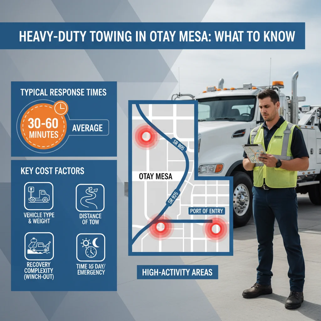 An infographic detailing key considerations for heavy-duty towing in Otay Mesa, including average response times and factors affecting cost.