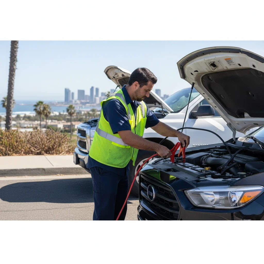 A person connecting jumper cables between two cars parked in a San Diego coastal neighborhood, with palm trees in the background.