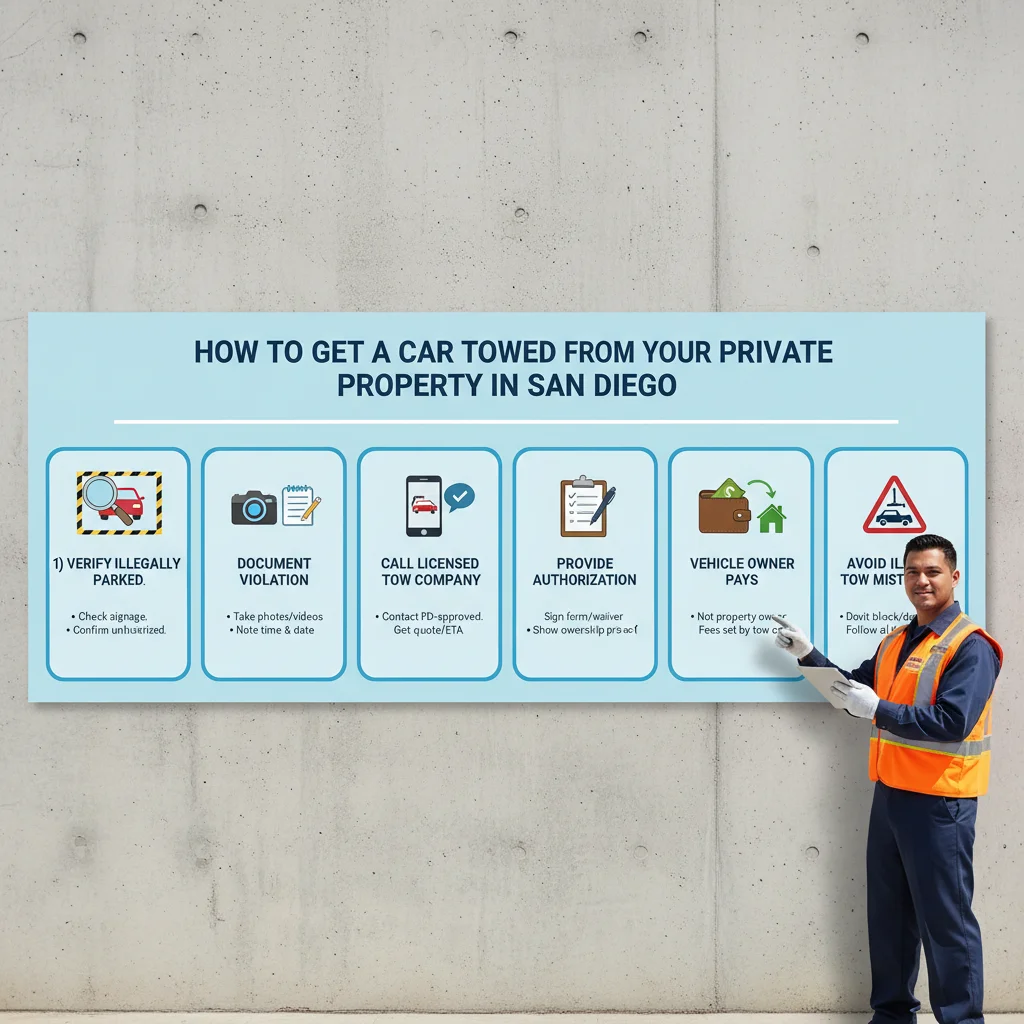 Infographic detailing 6 key steps for San Diego property owners to legally tow an unauthorized vehicle: verify violation, document evidence, call a licensed tow company, provide authorization, understand payment responsibility, and avoid common illegal tow mistakes.