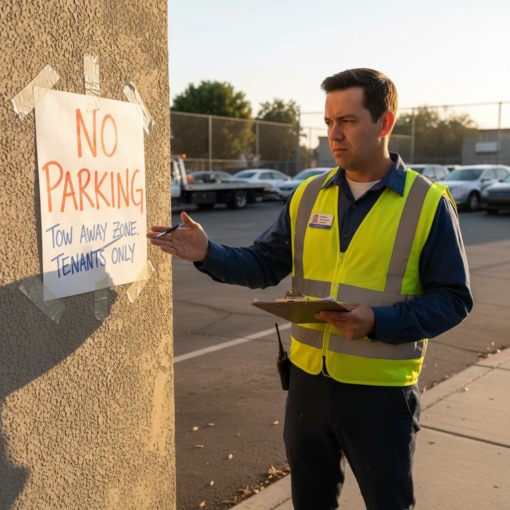 Frustrated driver standing at an empty parking spot, looking at a private property tow-away sign in a San Diego parking lot.