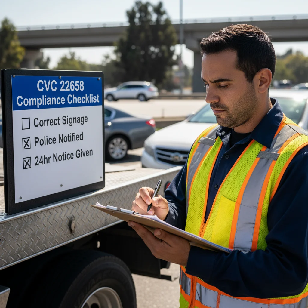 Checklist of CVC 22658 violations that make a private property tow illegal in California.